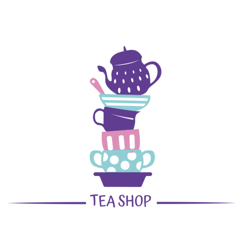Purple Tea Pot and Tea Cups Stack Cafe Sign Template